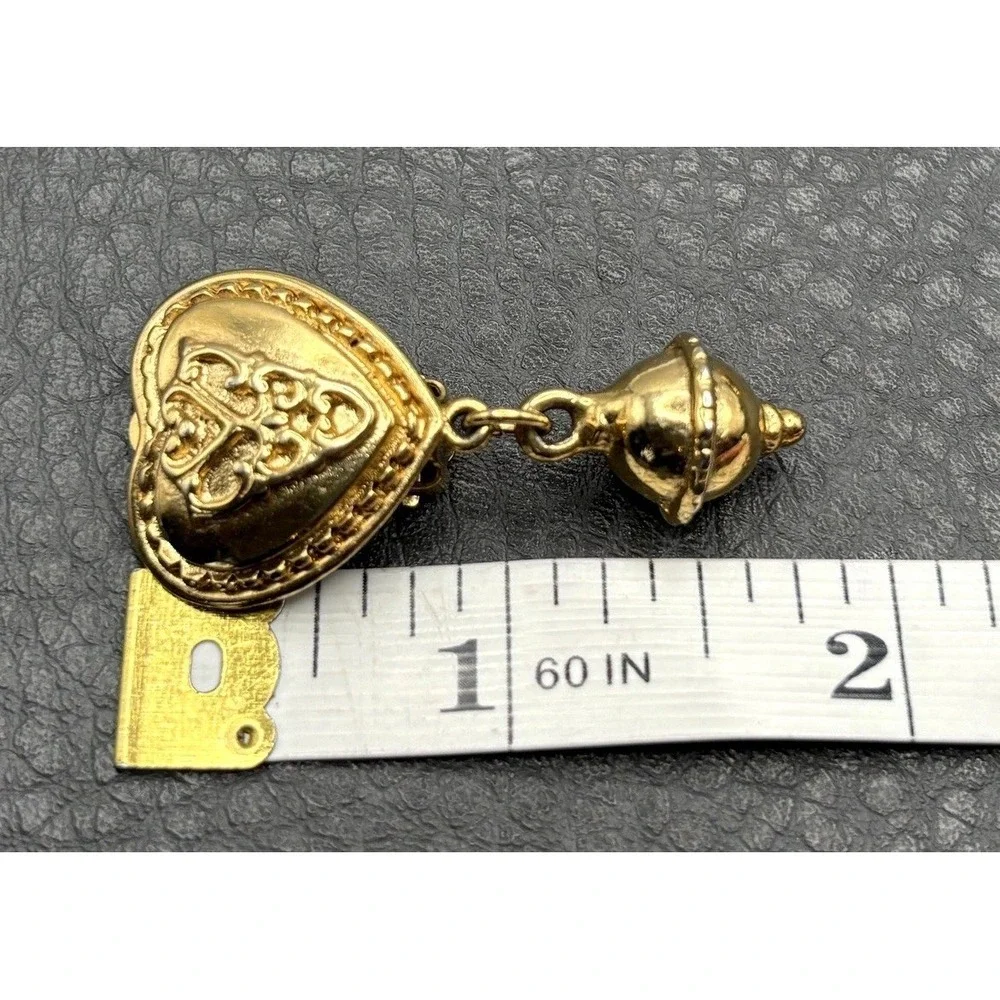 Vintage 80s Chunky Ornate Heart Drop Dangle Bead Clip On Earrings Gold Tone